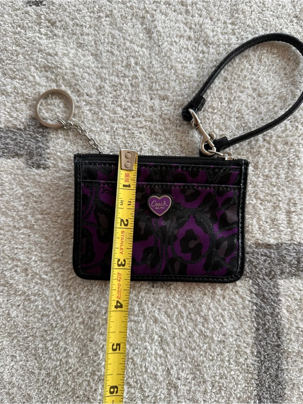 Coach Purple and Black Leopard Print Card Case with Wrist Strap